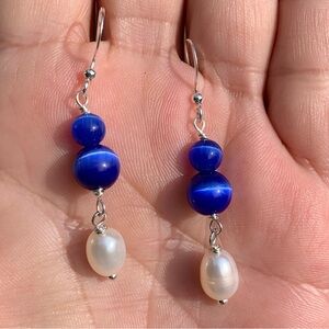 ⭐️2/$10 Cobalt Blue Cat Eye and Freshwater Pearl Handcrafted Silver Earrings